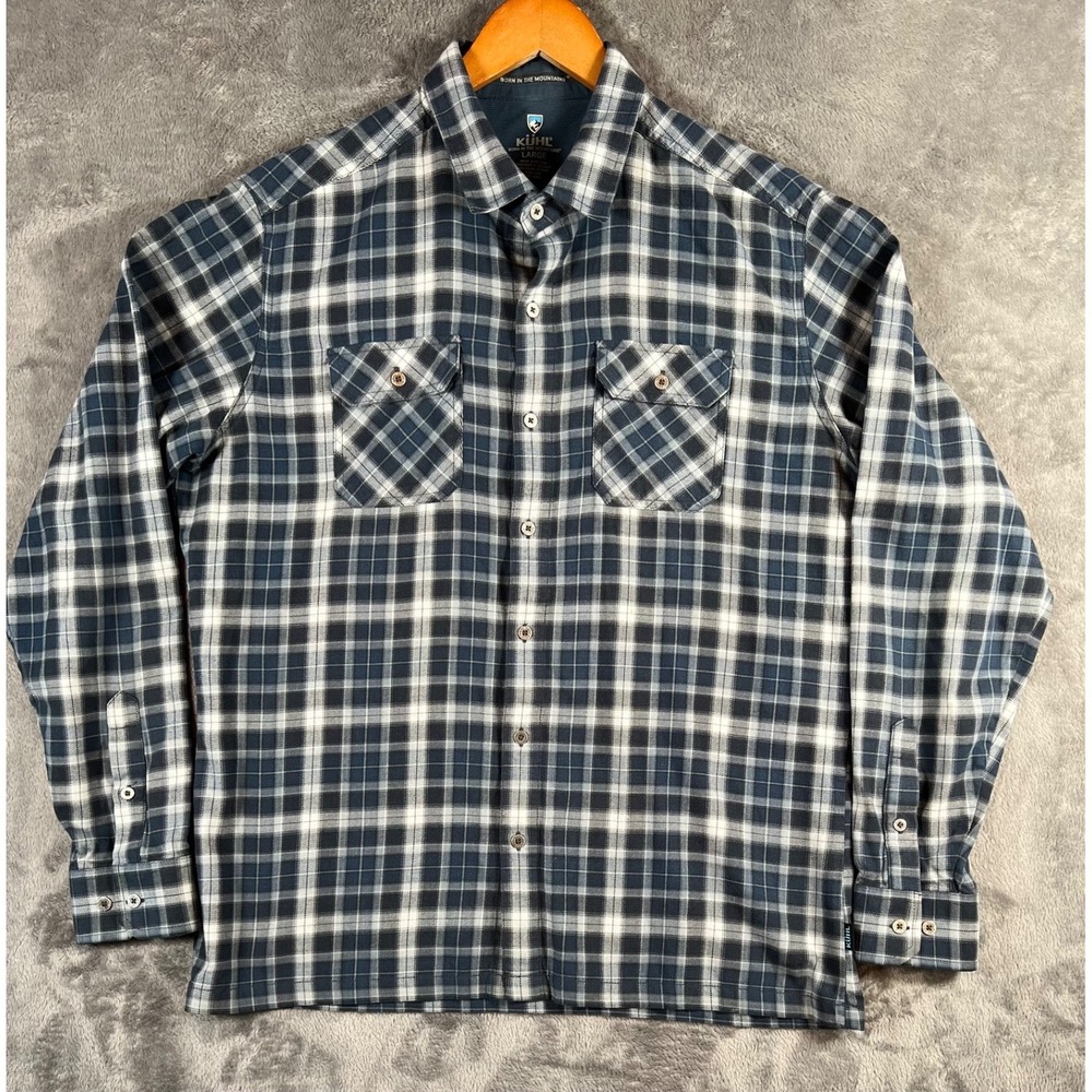KUHL Dillinger Flannel Shirt Mens Large Blue Plaid Long Sleeve Outdoors